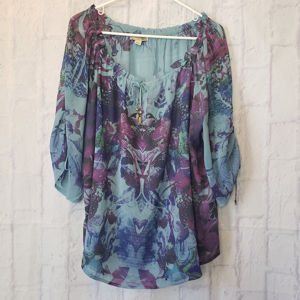 Women’s Floral Sheer Peasant Blouse in Teal and Purple